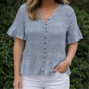 Light Blue Smocked Button-Front Blouse